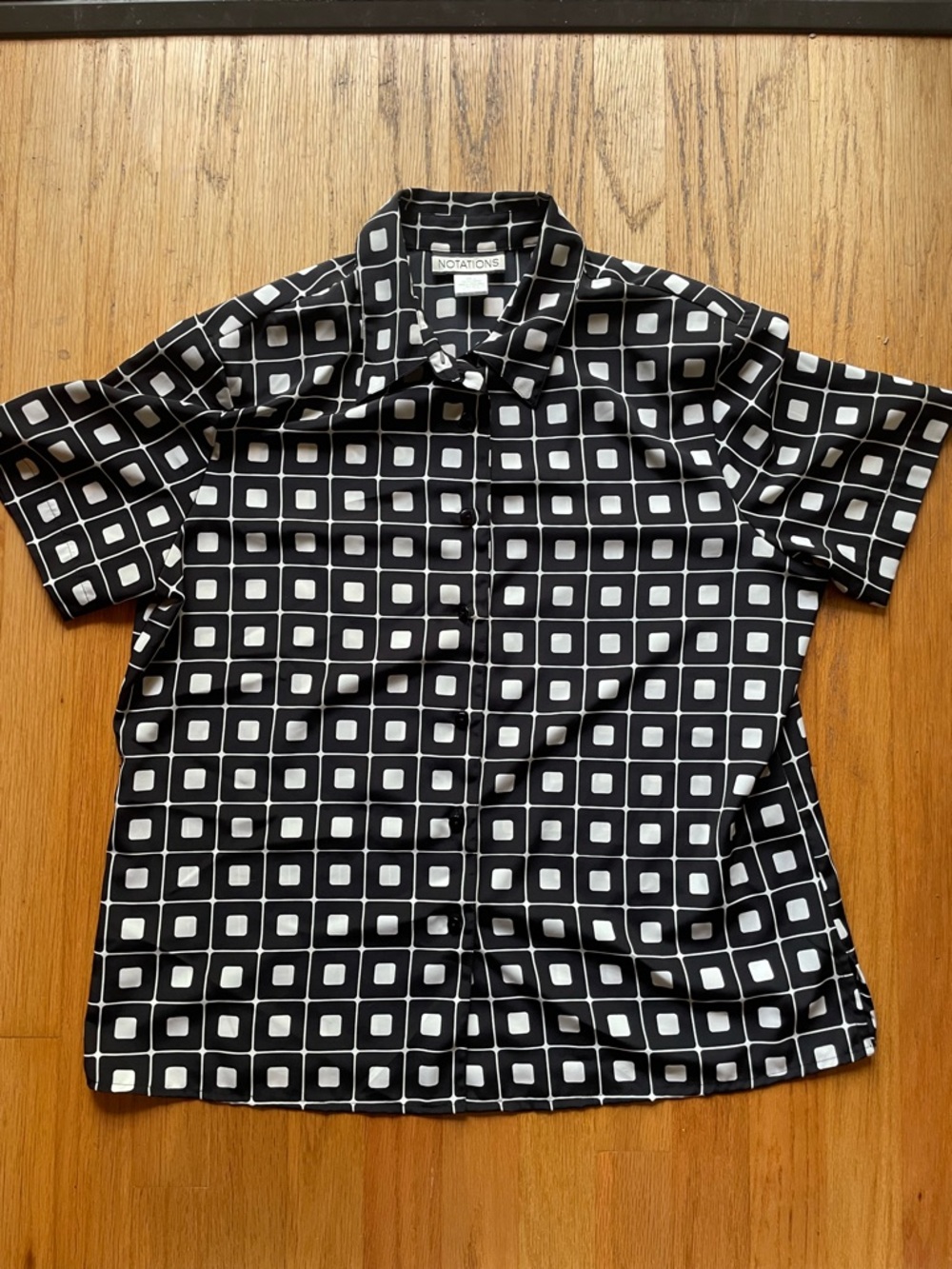 Notations vintage Black & White Geometric Short Sleeve button up Shirt women’s L - Picture 4 of 5